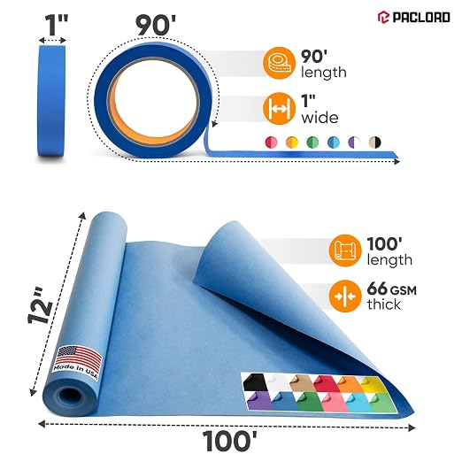 12 Rolls of Colored Kraft Paper and 12 Rolls of Colored Masking Tape | 1" Wide Tape, 12" x 100' Kraft Paper Rolls - Bulk Kids Craft Supplies - For Arts, Decoration, DIY, School