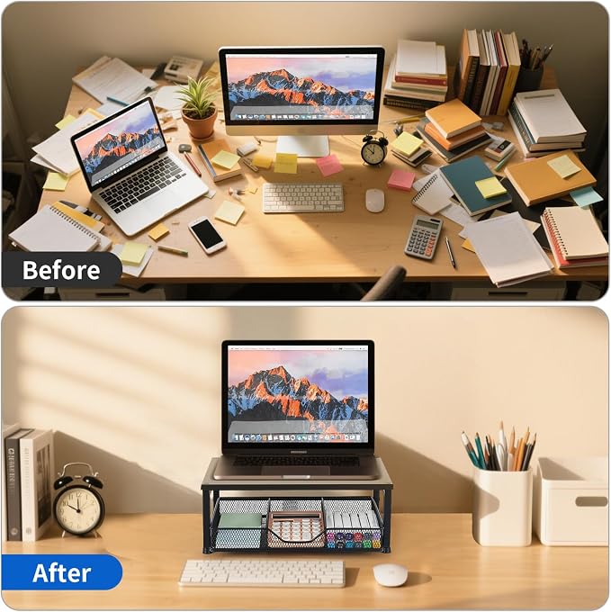 Small Laptop Stand for Desk, Monitor Stand Riser, Desk Organizer for Office Organization, Office Desk Accessories, Computer Desktop Stand with Drawer for Home, Office, School (Black)
