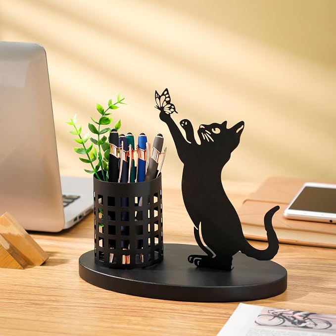 Tandefio Cat Pen Holder for Desk Cute Black Pencil Holder Metal Desk Accessories Organizer Makeup Brush Pen Cups for Back to School Stationery Office Home Decor Table Centerpiece Lover Gifts Women