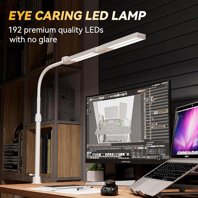 Adjustable LED Desk Lamp with Clamp, 4-Head Eye-Caring CRI95+ Desk Light, Stepless Dimming & Color Temp Remote Control, Flexible Neck, 5-Mode for Reading, Computer, Crafting, 90" Wide Desk Coverage