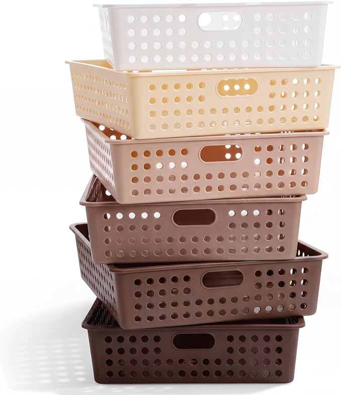 Geetery 6 Pack Classroom Storage Baskets with Handle,Gradient Brown | 14''x10'' Paper Tray Holds A4 Turn in Trays Plastic Paper Baskets Desk Organizer Bin for Classroom, Library, Office, Home
