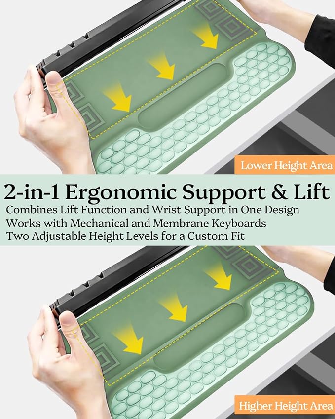 Wrist Rest for Computer Keyboard, 2 in 1 Keyboard Wrist Support Pad, Memory Foam Keyboard Riser Holder Lift Tray with Wrist Pad for Easy Typing for Office Desk, Home, School (Round Green)