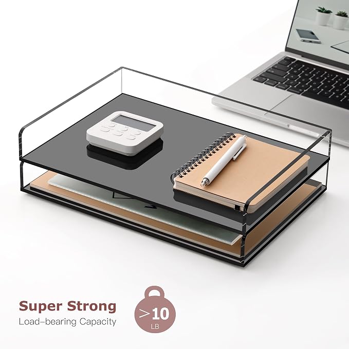2 Pack Black Stackable Paper Letter Tray, Acrylic A4 File Organizer | 12.4inx8.86inx3.46in,Desk Accessories Sorter, Workspace Office Supplies Organizers for Office, Home, Classroom or School