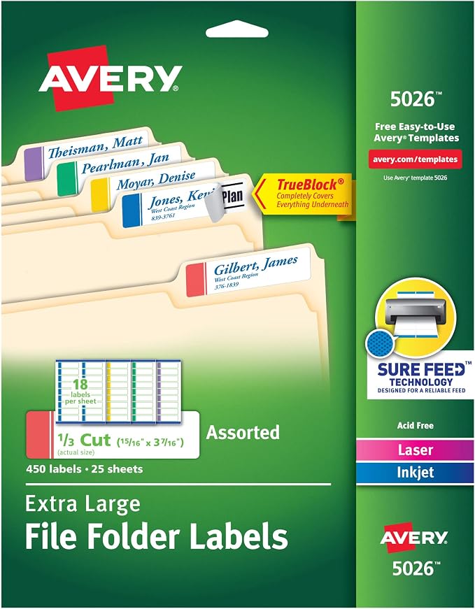 Avery® TrueBlock® Extra Large File Folder Labels, 15/16" x 3-7/16", 450 Printable Labels, Assorted Colors (5026)