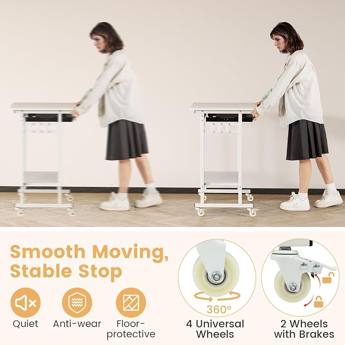 GIANTEX Rolling Computer Desk, Mobile Portable Desk with Keyboard Tray & Wheels, Laptop PC Table Cart with Shelf & Hooks, Industrial Small Desk for Small Spaces, Home Office, Bedroom, White