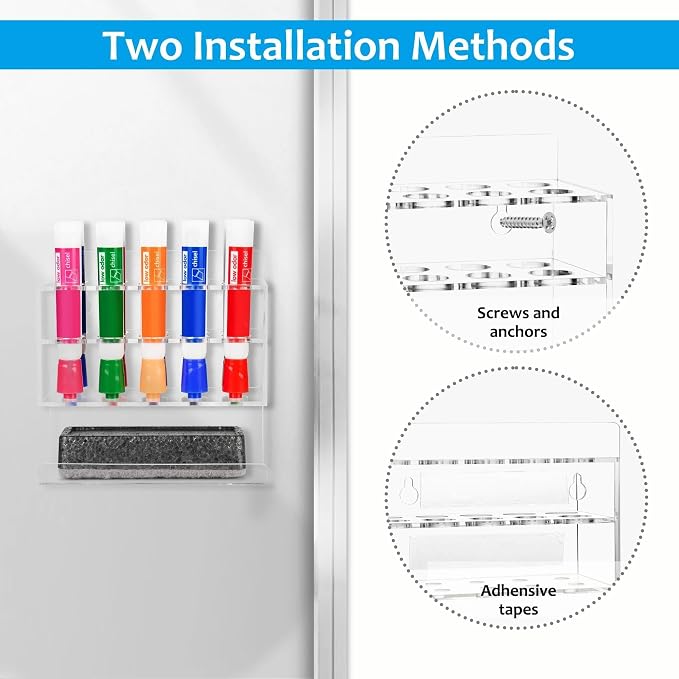 Dry Erase Marker Holder, Wall Mounted Acrylic Marker Holder with 10 Slots, Sticky Pen Storage for Classroom Organization, Office, Whiteboard, Desk Locker Organizer Accessories, Clear