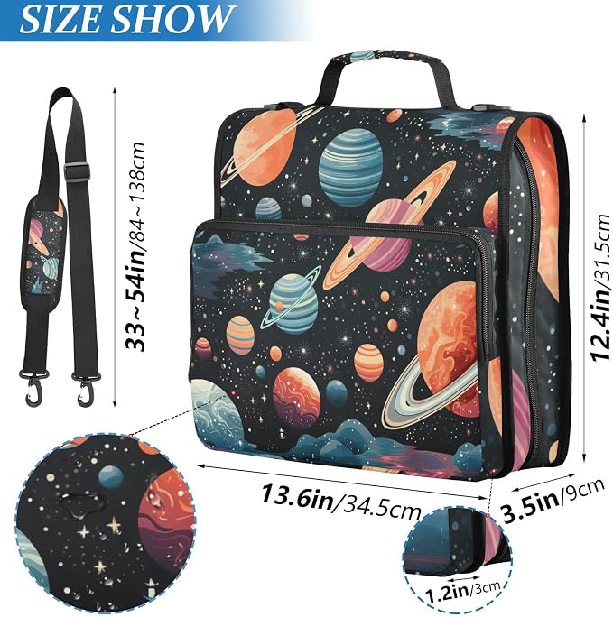 Space Planet Astronomy 3 Ring Zipper Binder with Handle 1.5 inch Binder Organizer, Multi Pockets Office File Folder with Shoulder Strap 500 Sheet Capacity