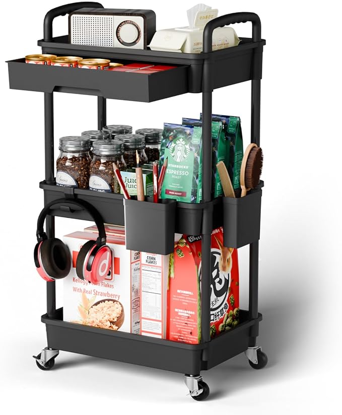 Sorgion 3 Tier Rolling Cart Organizer,Laundry Room Bathroom Organizers and Storage Office Shelves Mobile Shelving Unit Kitchen Trolley Cart with Wheels for Art,Craft,Diaper,Bedside,Snack(Black)