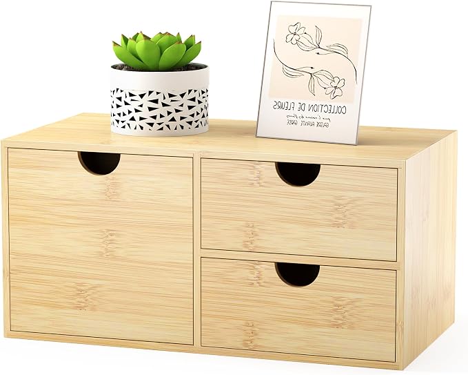 Bamboo Desk Organizer with Drawers, Desktop Storage Box for Office Supplies | 3 Drawers Desktop organizer, No Assembly Required, Natural Wood Wooden Desktop Drawers for Bills, Cosmetics, Seals, Paper