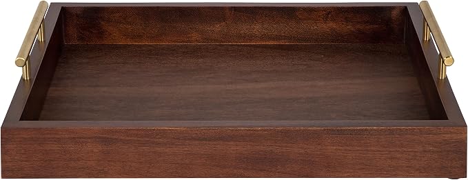 Kate and Laurel Lipton Decorative Wooden Tray with Metal Gold Handles, 16.5" x 12.25", Dark Walnut Brown and Gold