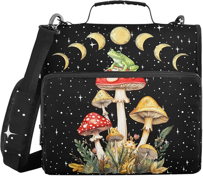 Mushroom Frog Binder Bag 3 Ring Zipper with Handle Shoulder Strap | for School Work Office Organizer Storage Case