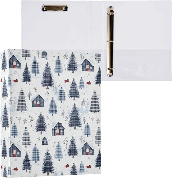 Winter Farmhouse Plaid Pine Trees 3 Ring Binder 1.5" Decorative D-Ring Binder with Clipboard&3 Clear Pockets, Holds 200 Sheets A4 Size Paper Waterproof Binders for School Home Office|2 Pack