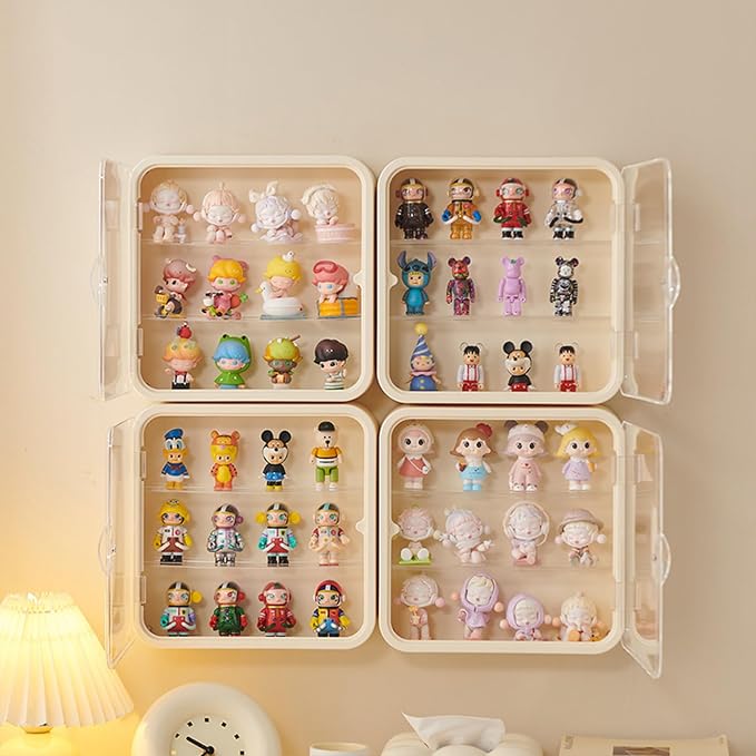 Wall Mount Display Case for Figures - Space Saving & Adjustable Acrylic Storage Box with Magnetic Door, Dustproof & Moisture Proof for Lego Pop Mart Action Figures (Cream)