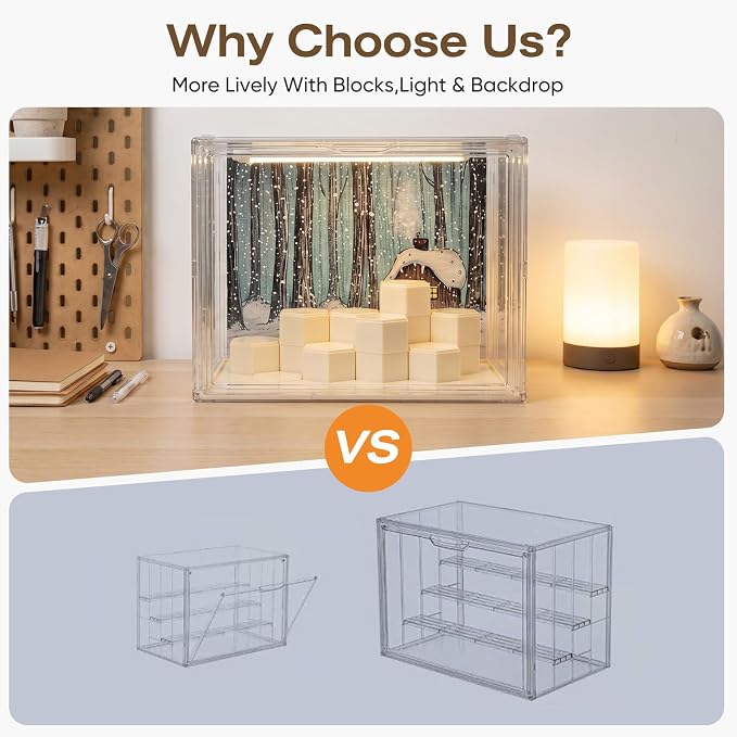 Clear Acrylic Display Cases for Collectibles with LED Light,DIY Scene, with Backdrop, No Dust , No Moisture, for Figures Collection Display Cabinet (36x23x27cm/ 14x 9x10.6 in)