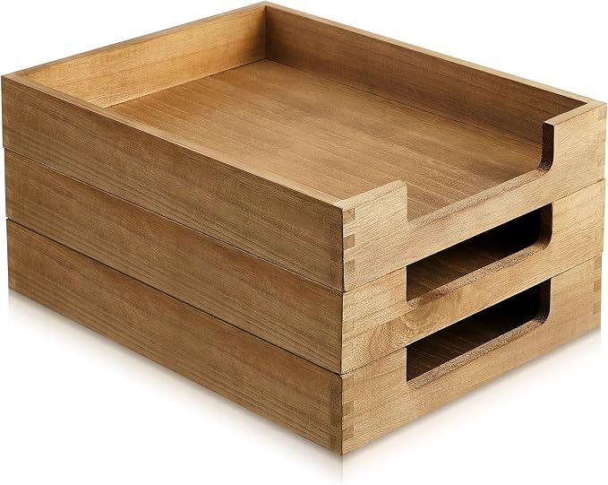Fulmoon 3 Pcs Stackable Wood Letter Tray A4 Size Desk Tray Organizer Wooden Office Documents Tray Desktop Mail File Folder Document Magazine Storage