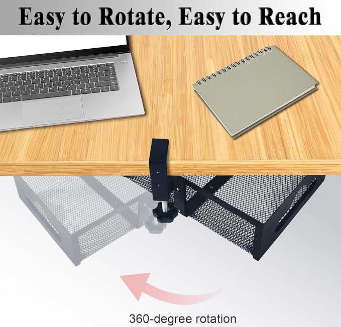 Under Desk Organizer 360° Swivel,No-Drill Clamp-On,Holds Up to 7lbs | 360° rotation,no-drill clamp,holds up to 7lbs, cup holder,mesh storage,office/kitchen/art use
