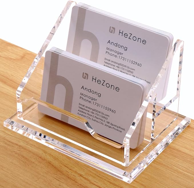 HeZone Acrylic Business Card Holder For Desk Clear Business Card Display Stand 2 Tier 2 Slots Business Cards Holders for Men And Woman, Organize 100 Cards-1 Pack (2 Solt-H)