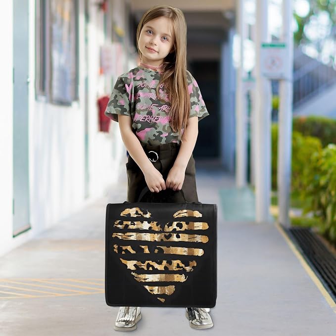 3 Ring Zipper Binder with Shoulder Strap Leopard Skin Golden Heart 1.5 inch Binders Keeper Large Capacity Multi Pockets for School Office Supplies
