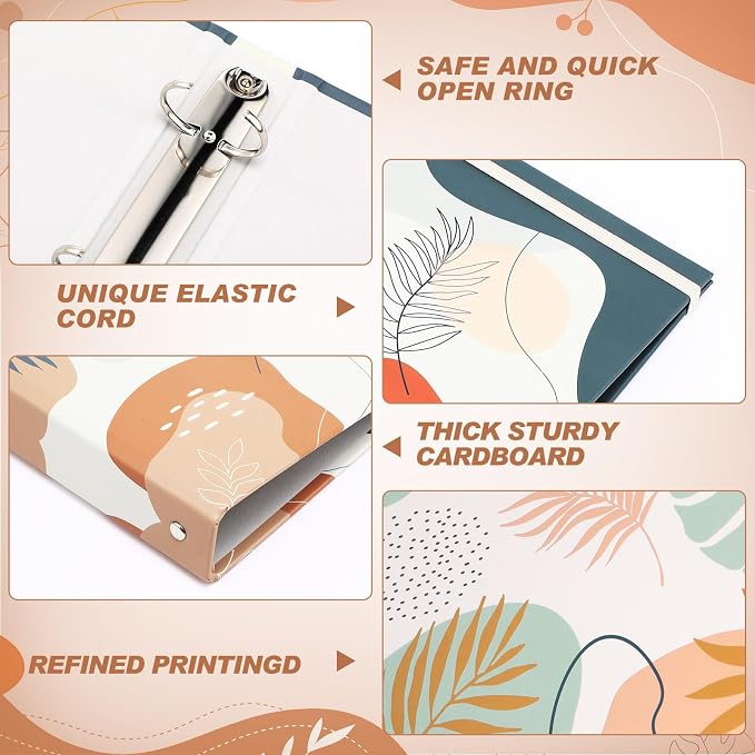 Colarr 4 Pcs Mini 3 Ring Economy Binders for 5.5" x 8.5" Paper for School, Office and Home Use, Cute Boho Leaves Small 1 Inch Round Three Ring A5 Binders with Elastic Cord, Decorative Hardcover