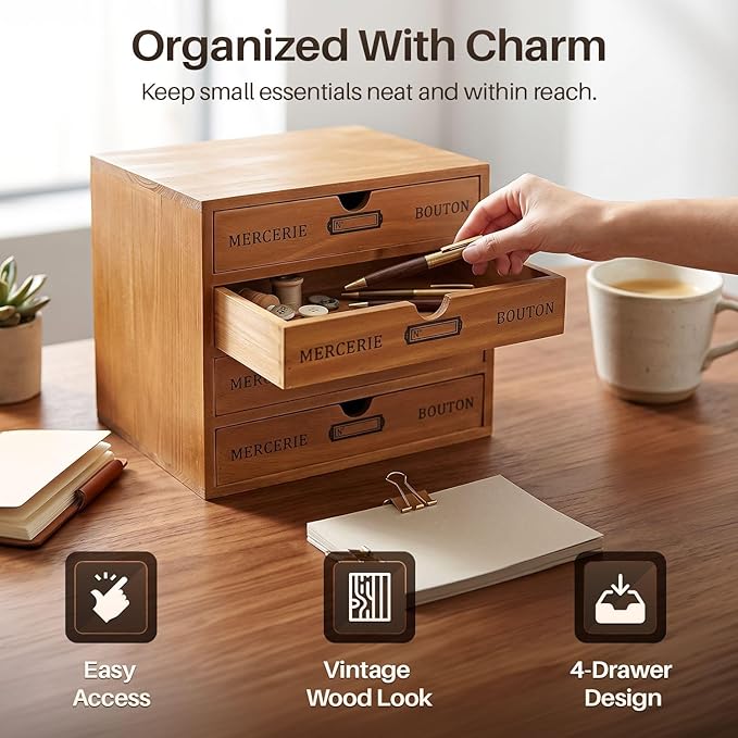 Flexzion Wooden Storage Box with 2 Drawers, Vintage Desktop Organizer | Compact Desk Organizer with Drawers for Office Supplies, Mail, Crafts and Vanity Items; 9.6 X 6.6 X 4.9 In; Fully Assembled