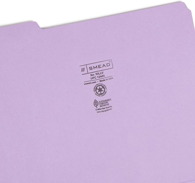 Smead Colored File Folder, 1/3-Cut Tab, Letter Size, Lavender, 100 per Box (12443)