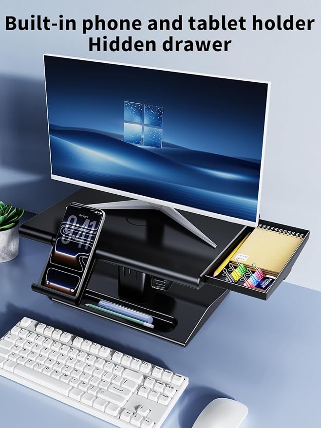 Computer Monitor Stand Riser for Desk,5.7-6.5 Inches Height Adjustable with Storage Drawer & Phone Holder,Workspace Desktop Organizer Monitor Stands Risers Shelf for Computer,Laptop,Printer,TV