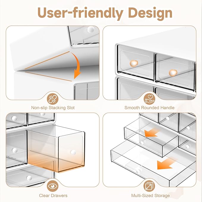 Desk Organizer with 9 Drawers, 4 Tiers Stackable Storage Drawers, Desktop Storage Box with Clear Drawers for Stationery, Makeup, Jewelry, Office and Craft Supplies (White)