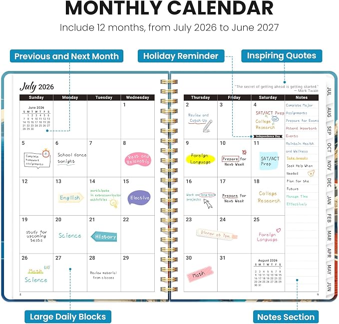Planner 2026-2027, Academic Year Monthly & Weekly Planner Caledndar, July 2026 - June 2027, Hardcover Large Planning Agenda Book with Tabs for School Office Supplies, 8.5" x 11" - Coastal Beacon