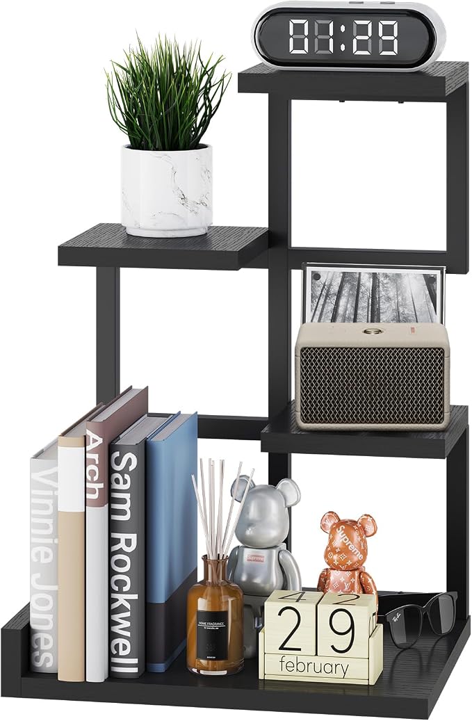 YMYNY 4 Tier Desktop Shelf Organizer 12.2x9.45x17.52 Black HSR007B | Storage Display Rack, Desk Shelf Organizer Small Bookshelf with Metal Frame for Office, Books, Plants
