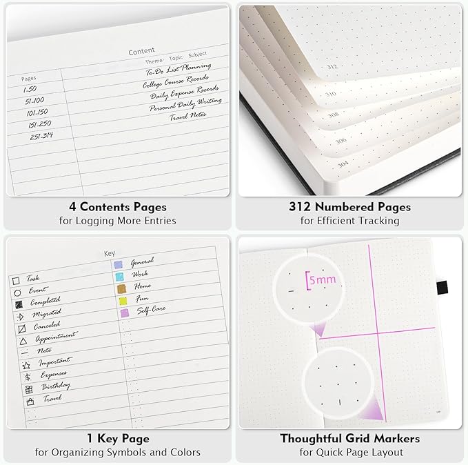 OFFIGIFT Bullet Dotted Journal, Large A4 Hardcover Leather Journal, 312 Numbered Pages Thick Journal, 100gsm No Bleed Paper Dot Grid Notebook for Women Men, 8.5'' × 11'', Green