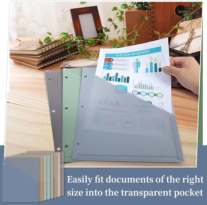 48 Pack Binder Pockets for 3 Ring Clear Pocket Divider Folders for 3 Hole Binders Sleeves Plastic Slash File Jacket for Office School Classroom Business Home Organizer, 9.25" x 11.22" (Morandi)