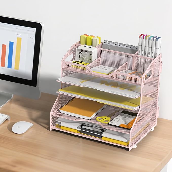 YINGHUA 5-Tier Mesh Desk Organizer, Letter Tray - Pink | Sturdy steel mesh with 3 sliding trays, 2 handles, 6 adjustable top sections. U-shaped design for easy access to office files