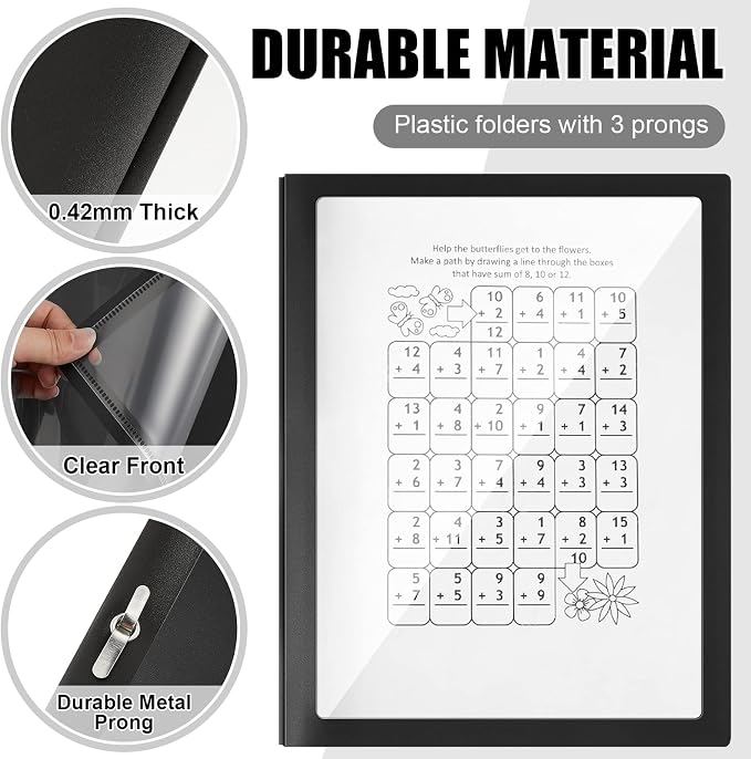Teling 72 Pcs Report Covers with 3 Prong Fasteners Clear Front Presentation Folders Frame View Poly Report Folder Presentation Binder for Paper Document School Office (Black)
