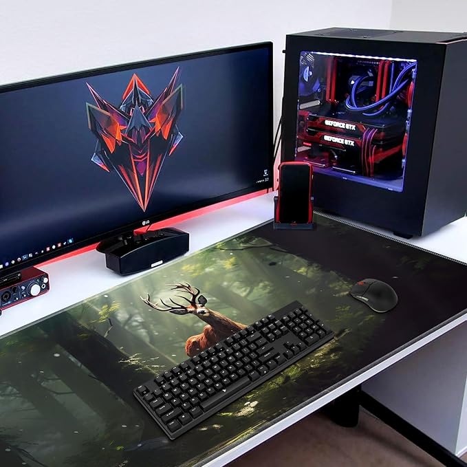 Extended Gaming Mouse Pad 31.5" x 11.8", with Edge Stitching, Non-Slip Rubber Base Keyboard Pad, Suitable for Work, Game, Office, Home and Coasters, Deer in The Forest