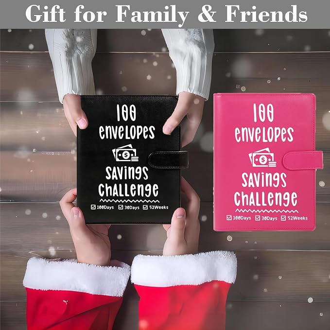 2 Pack 100 Envelopes Money Saving Challenge, Cash Budget Planner A5 Binder | Savings Challenges Book Organizer Folder with 3 Tracker to Save $5,050 $2,600 $300, 100 Pre-numbered Pockets, Black & Red