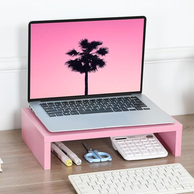 TEAMIX Pink Monitor Stand Riser for Desk, Small Computer/Laptop Stand Wood | 14.2"L x 9.5"W, Holds 80 lbs, Desktop Organizer Shelf, Ergonomic Morden Design, Easy Assembly, For Home Office, Gaming