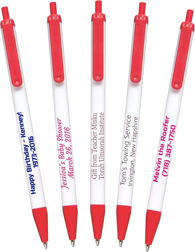 911PENS USA Made, Personalized Writing Ink Ballpoint Novelty Pens, Custom Printed with Your Logo & Text (Pack of 1,000 White Pens with Red Trim)
