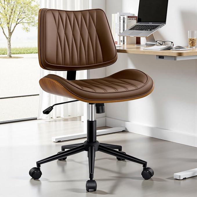 Ergonomic Armless Office Desk Chair - Mid-Century Modern Khaki Faux Leather with Diamond Stitch, Adjustable Height Swivel Rolling Task Computer Chair with Walnut Accent for Home Office, Study & Work
