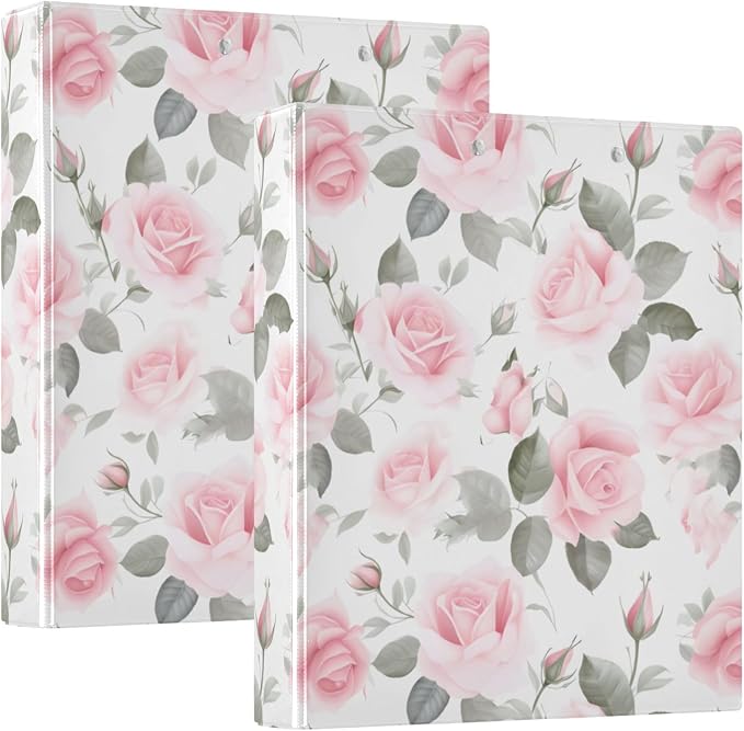 Pink Rose Floral Roses 3 Ring Binder with 2 Interior Pockets 1.5 inch Binders 3 Ring Heavy Duty Fit 8.5" x 11" Letter Size for Office School, 2 Pack