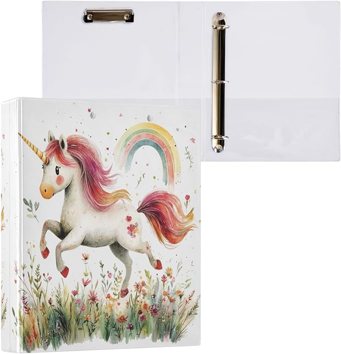 Caikeny 3 Ring Binder Cute Unicorn Watercoloe Rainbow Flower 1.5 Inch Binders Round Ring Clipboard with 2 Pockets for Office Supplies