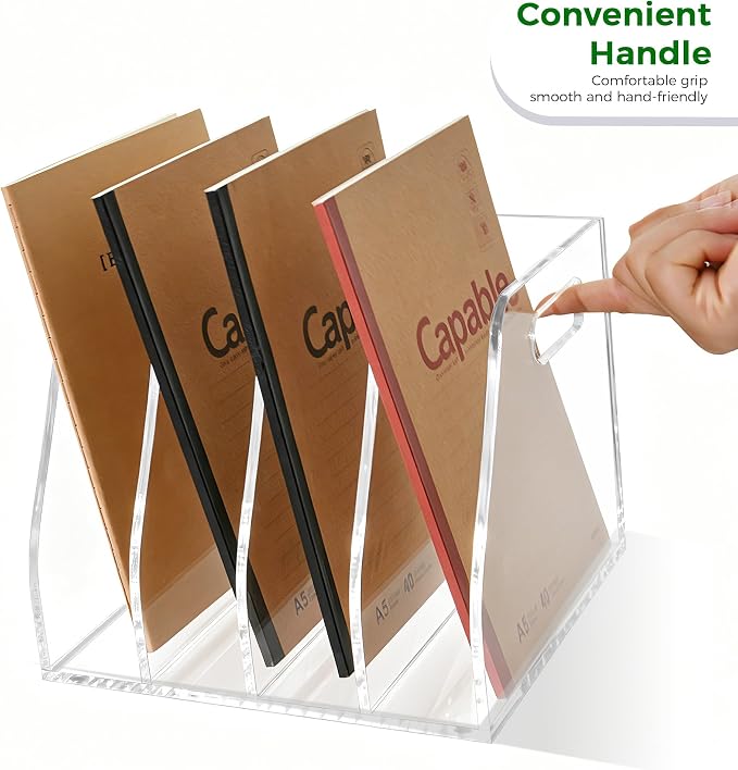 Clear Acrylic Magazine File Holder with Handles, 4-Slot Heavy-Duty Desk Organizer, Vertical Document Sorter & Book Rack for Office, Home & Classroom, Thick 5mm Tabletop Storage, 7.1x8.1x6.3 in