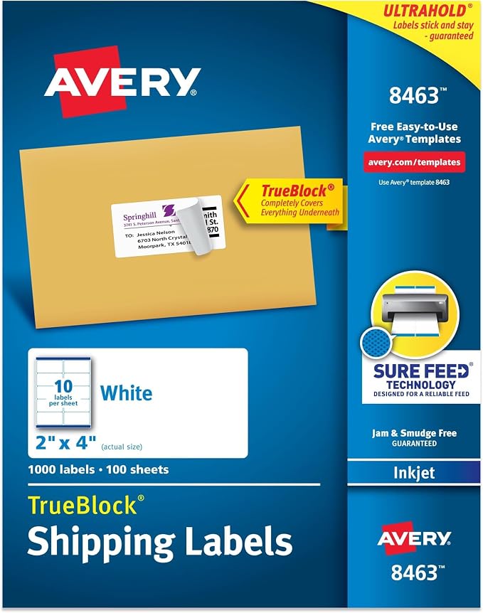 Avery Printable Shipping Labels, Sure Feed Technology, 2" x 4" Customizable Stickers, White, 1,000 Blank Mailing Labels, Great for Mailing, Shipping, and More (8463) (Pack of 5)