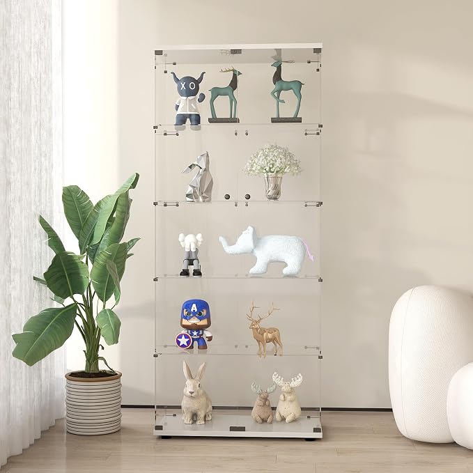 Frameless Glass Display Cabinet, Curio Cabinet Display Case with Lock and 2 Doors, Quick-Install Floor Standing Large Showcase Display Shelf for Collectibles, Legos, Figures, Plants