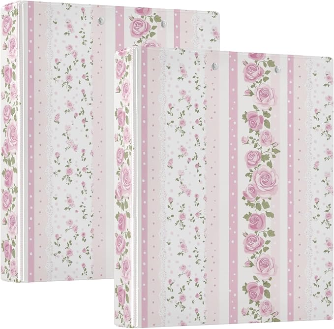 Pink and White Striped Rose Floral Binder 1.5 Inch Binder with Clipboard&Pockets, Hardcover Binders 3 Ring, Heavy Duty Large File Folder for Office School Supplies - Holds 200 Sheets, 2 Pack