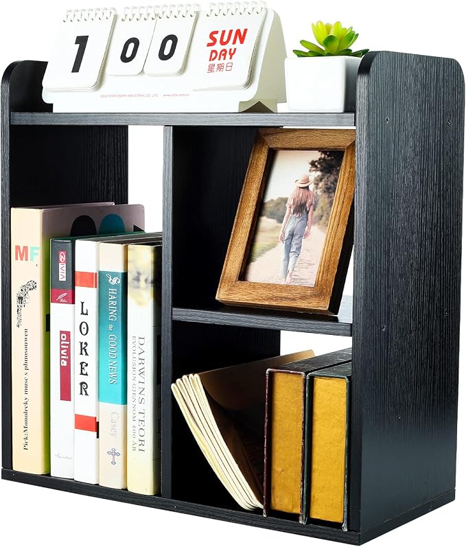 Desktop Shelf Freestanding Wood Small Bookshelf Desk Supplies Organizers and Accessories Storage Display Rack Office Decor for Women, Black
