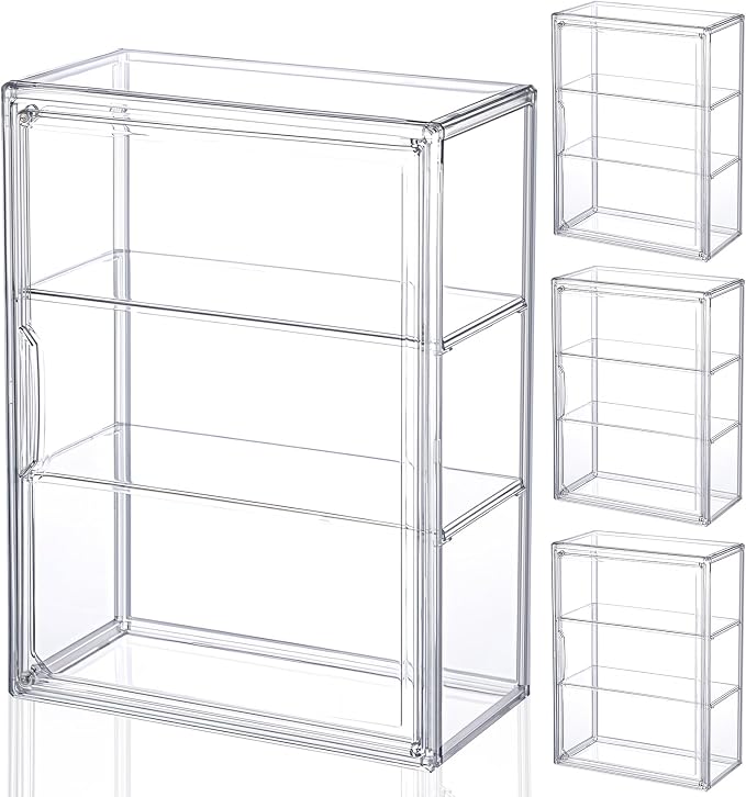2 Pcs Clear Acrylic Display Case 3 Tier Display Shelf Storage Boxes Cabinet Organizer with Magnetic Door for Figures Toys (Clear)