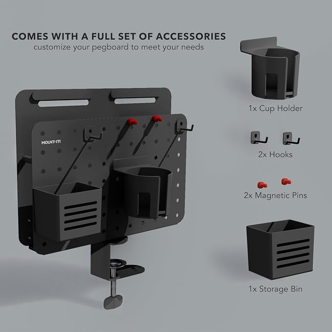Mount-It! Desk Pegboard Organizer, 360 Rotation, Black | Clamp-on desk storage with cup holder, pen holder, hooks & magnets for home office, workshop & crafting stations.