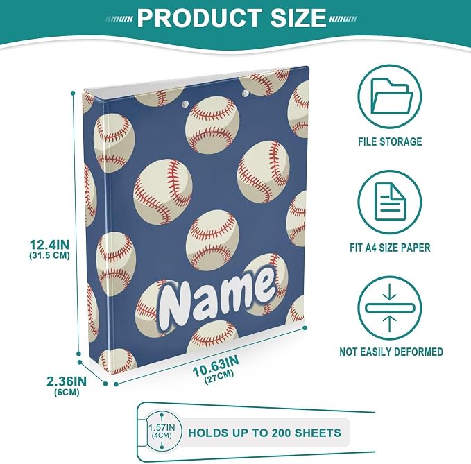 Custom 3 Ring Binder Baseballs Ball on Blue 1.5" Round Ring Binders Personalized Name View Binder with 200 Sheet for Kids School Supplies Women Men Office, 1 Pack