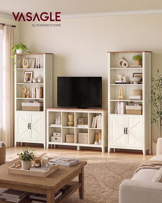 VASAGLE Liry Collection Farmhouse Bookshelf, 6-Tier Bookcase with Doors, Storage Cabinets, 24.8 x 10 x 70.7 inch, for Home Office, Living Room, Cloud White and Warm Brown ULBC134W101S