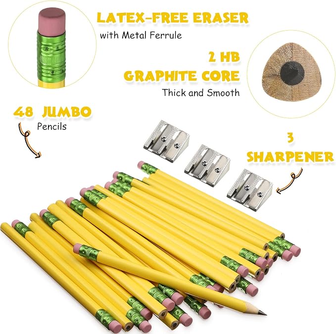 Fainne 48 Pcs Large Pencils 3 Sharpeners,Yellow+green,Triangle